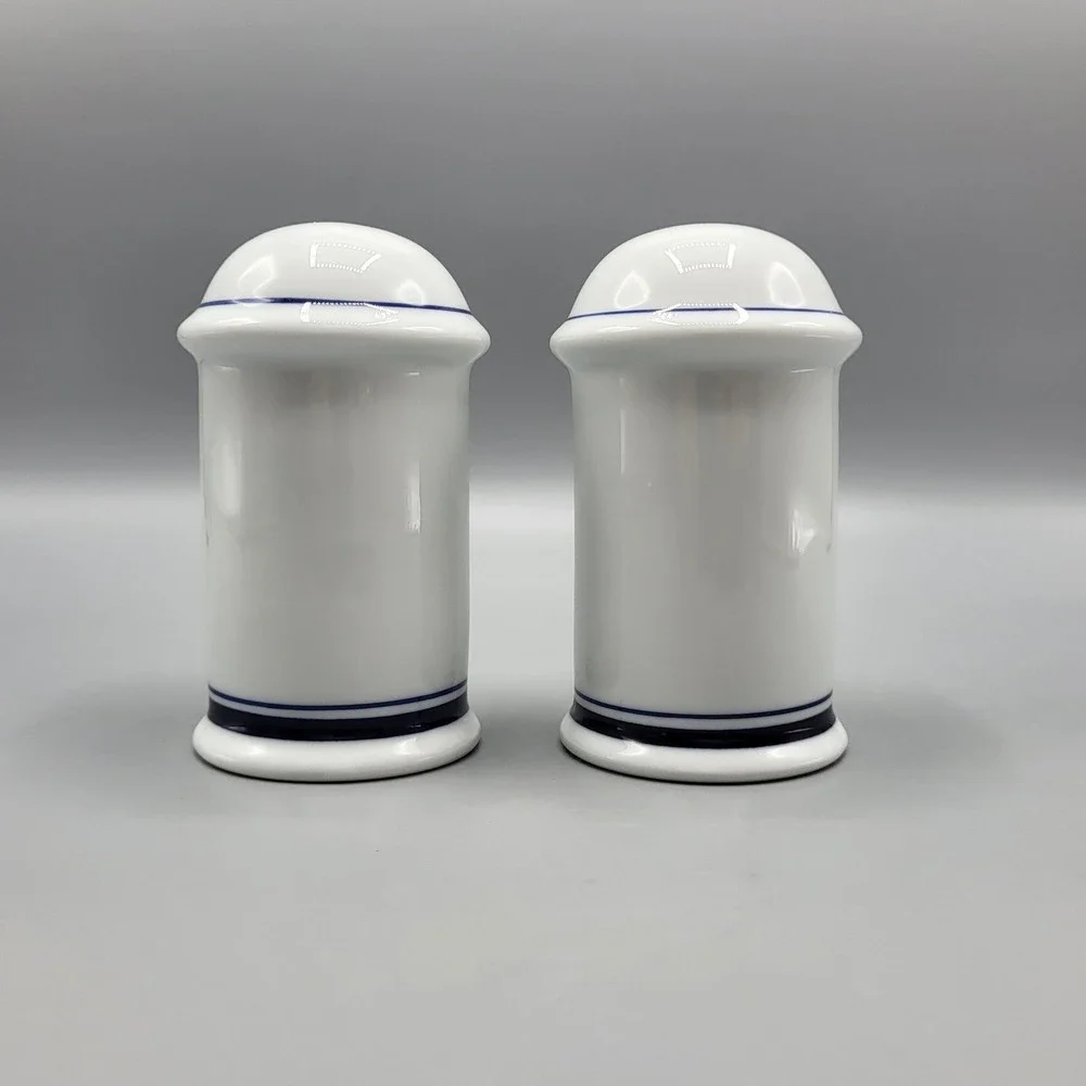 Vintage Dansk Salt and Pepper Shakers Navy Blue Banded White Porcelain Portugal